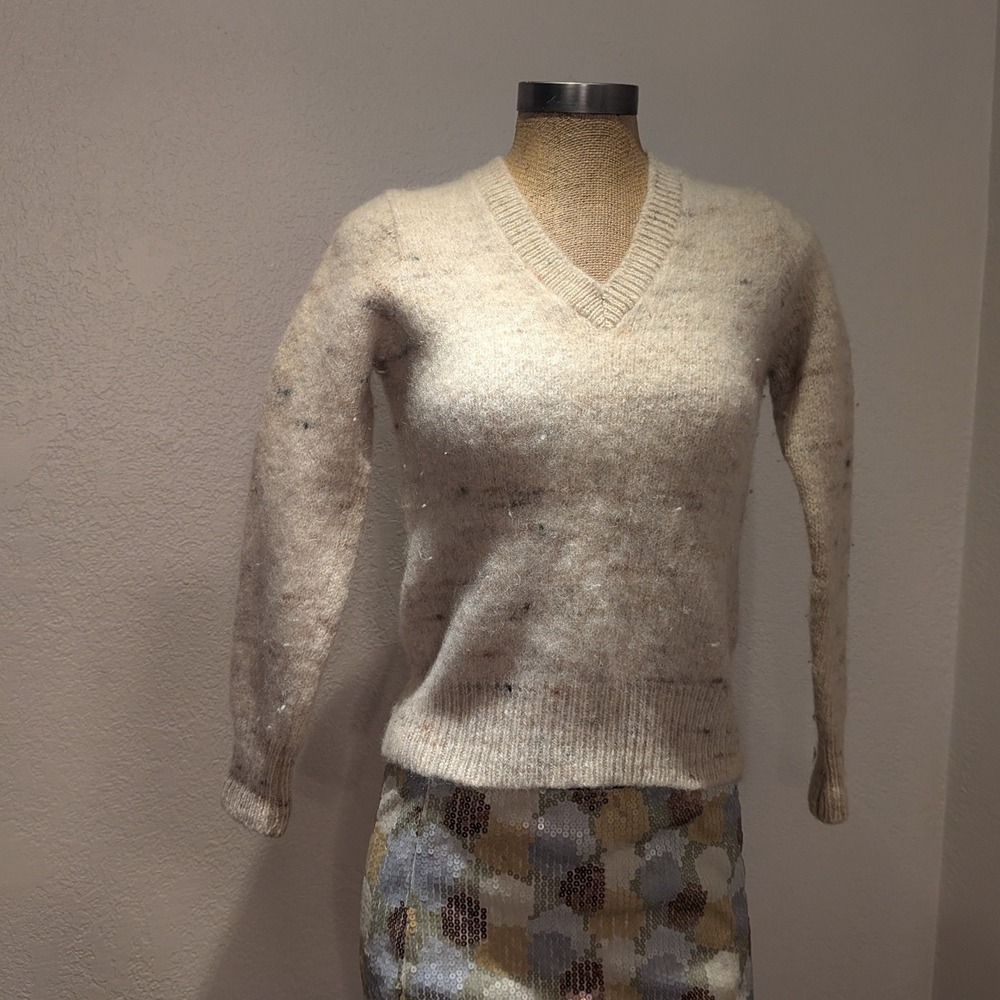 Winona Knits V-Neck Sweater Women L Cream Wool Confetti Speckled Vintage Knit